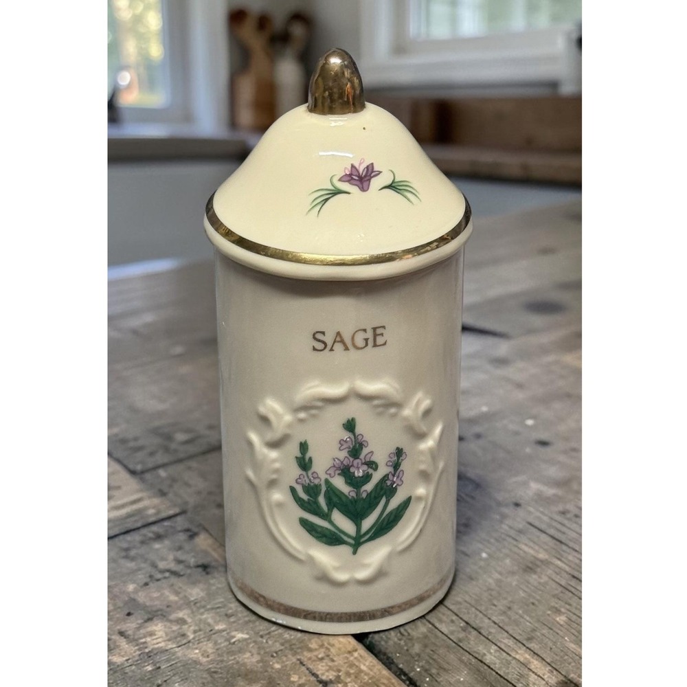 Lenox Spice Garden SAGE Jar Fine Porcelain Gold Trim 1992 Botanical Mismatch Lid